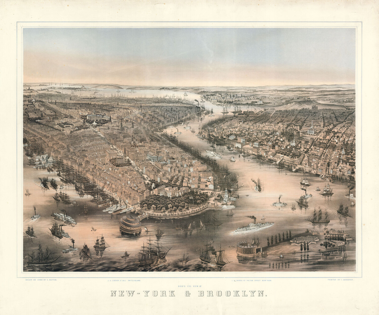 Bird's Eye View of New York & Brooklyn - Daniel Crouch Rare Books - Antique and vintage maps, rare books, charts and atlases